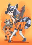  alternate_costume animal_ears back bodysuit common_raccoon_(kemono_friends) full_body guardians_of_the_galaxy gun hippo_(hippo999) kemono_friends looking_back marvel parody raccoon raccoon_ears raccoon_tail rocket_raccoon tail weapon 