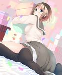  ass black_legwear blue_eyes breast_press breasts commentary confetti feet from_behind grey_hair grin kneehighs komone_ushio love_live! love_live!_sunshine!! no_shoes school_uniform serafuku short_hair smile solo toes uranohoshi_school_uniform watanabe_you 