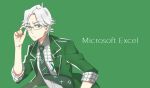  adjusting_eyewear closed_mouth copyright_name glasses green_background green_jacket green_neckwear jacket looking_at_viewer microsoft_excel microsoft_office necktie personification rosel-d simple_background upper_body white_hair 