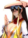  beads bikini_top breasts brown_hair cleavage fate/grand_order fate_(series) hat highres jewelry large_breasts long_hair looking_at_viewer minami_koyogi prayer_beads red_eyes ring simple_background smile solo white_background xuanzang_(fate/grand_order) 