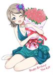  blue_dress blue_eyes blush bouquet bow breasts brown_hair cleavage commentary_request dated dress flower full_body hair_bow hair_flower hair_ornament happy_birthday high_heels highres holding jewelry lips looking_at_viewer love_live! love_live!_sunshine!! medium_breasts necklace one_eye_closed open_mouth pearl_necklace rose rozen5 short_hair simple_background sitting smile solo teeth text_focus watanabe_you 