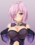  armor armored_dress bare_shoulders breasts bursting_breasts clothes_pull detached_sleeves elbow_gloves eyes_visible_through_hair fate/grand_order fate_(series) gloves hair_over_one_eye highres huge_breasts kuragari looking_at_viewer mash_kyrielight navel parted_lips purple_eyes purple_gloves purple_hair short_hair solo 