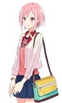  bag bracelet hair_ornament hairclip handbag highres jacket jewelry kenkaizar koharu_yoshino miniskirt pink_eyes pink_hair sakura_quest short_hair skirt smile solo 