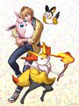  blonde_hair braixen crossover emolga full_body gen_1_pokemon gen_5_pokemon gen_6_pokemon glasses green_eyes male_focus meon_(m_onnnnn) pokemon pokemon_(creature) shinomiya_natsuki smile uta_no_prince-sama wigglytuff 