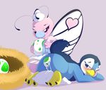  2017 beak blush butterfree camychan clothed clothing duo egg female feral hi_res looking_back nintendo nurse oviposition piplup pok&eacute;mon pussy pussy_juice simple_background video_games wings 