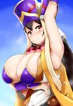  arm_up armpits black_hair breasts cleavage earrings fate/grand_order fate_(series) highres hoop_earrings huge_breasts jewelry long_hair mizuyan red_eyes shiny shiny_skin smile solo sweat type-moon xuanzang_(fate/grand_order) 