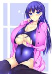  :o bangs belly between_breasts black_legwear blue_eyes blue_hair blush breasts buttons cleavage collarbone colored_eyelashes covered_navel earrings fujimiya_yahiro groin hair_ornament hairclip hand_between_breasts hand_on_own_face huge_breasts jacket jewelry long_hair long_sleeves looking_at_viewer open_clothes open_jacket original parted_lips pink_jacket pocket shiny shiny_clothes shiny_hair shiny_skin sitting skin_tight sleeves_past_wrists solo swimsuit thighhighs thighs torn_clothes torn_swimsuit two-tone_background unbuttoned very_long_hair wariza 