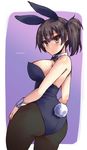  animal_ears artist_name ass black_legwear blush breasts brown_eyes brown_hair bunny_ears bunnysuit detached_collar highres kaga_(kantai_collection) kantai_collection large_breasts leotard long_hair looking_at_viewer looking_back pantyhose shinshin side_ponytail solo tail wrist_cuffs 