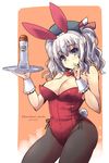  animal_ears beret black_legwear blue_eyes bottle breasts bunny_ears bunnysuit dated detached_collar hat highres kantai_collection kashima_(kantai_collection) large_breasts leotard pantyhose red_leotard shinshin silver_hair solo tail tray tsurime twintails twitter_username wavy_hair wrist_cuffs 