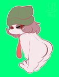  1-upclock amphibian anthro butt feet female frog hat long_tongue looking_at_viewer looking_back presenting simple_background smile solo standing tongue tongue_out 