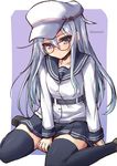  anchor_symbol belt bespectacled blue_eyes character_name flat_cap glasses hammer_and_sickle hat hibiki_(kantai_collection) highres kantai_collection long_hair long_sleeves red-framed_eyewear red_star school_uniform serafuku shinshin shoes sitting sketch skirt solo thighhighs verniy_(kantai_collection) wariza white_hair 