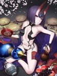  alcohol anklet armpits bangs bare_shoulders blush breasts cherry_blossoms closed_mouth collarbone commentary_request cup detached_sleeves fang fate/grand_order fate_(series) food fruit gourd grapes hair_ornament horns japanese_clothes jewelry kimono looking_at_viewer minami_koyogi navel oni oni_horns open_clothes open_kimono pale_skin peach purple_eyes purple_hair revealing_clothes sakazuki sake short_hair shuten_douji_(fate/grand_order) sitting small_breasts smile solo stomach wide_sleeves 