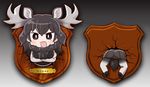  :d animal_ears antlers ass black_eyes black_hair blush chaki_(teasets) commentary_request crack crossed_arms extra_ears eyebrows_visible_through_hair fur_collar kemono_friends long_hair looking_at_viewer moose_(kemono_friends) moose_ears moose_tail multiple_views name_tag open_mouth pleated_skirt skirt smile tail trophy_head v-shaped_eyebrows 