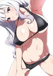  absurdres bikini bikini_pull black_bikini blush breasts cleavage commentary_request eyebrows_visible_through_hair eyelashes head_tilt highres idolmaster idolmaster_(classic) jabara_tornado large_breasts lips long_hair looking_at_viewer navel outstretched_arms parted_lips pulled_by_self purple_eyes shijou_takane shiny shiny_hair shiny_skin silver_hair simple_background skindentation smile solo swimsuit white_background 