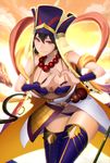  beads bikini breasts brown_hair cleavage earrings fate/grand_order fate_(series) heart heart_hands highres jewelry large_breasts long_hair minami_koyogi prayer_beads purple_bikini red_eyes solo swimsuit thighs wavy_mouth xuanzang_(fate/grand_order) 