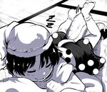  bangs capelet closed_eyes closed_mouth commentary_request doremy_sweet drooling facing_viewer full_body greyscale hair_between_eyes hat lolimate lying monochrome motion_lines nightcap no_shoes on_back pom_pom_(clothes) saliva sleeping socks solo tail tapir_tail touhou zzz 