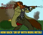  ar18 arcanine armor ashtrek_(artist) assault_rifle caseyljones chez chez_blackpaw duster_(coat) explosion foo_dog gun hi_res nintendo pok&eacute;mon poster propaganda ranged_weapon rifle smoke trenchcoat video_games weapon 