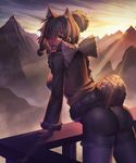  alpaca_ears alpaca_suri_(kemono_friends) animal_ears arm_support ass backlighting bangs blonde_hair blue_eyes blush breasts cowboy_shot evening from_side fur_collar fur_trim hair_over_one_eye kemono_friends large_breasts leaning_forward long_sleeves looking_at_viewer mountain nadare-san_(nadare3nwm) open_mouth outdoors pantyhose ponytail short_hair short_ponytail shorts sidelocks sky solo thighs 