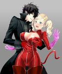 1girl amamiya_ren black_hair black_jacket blonde_hair blue_eyes boots breast_grab breasts cameltoe cleavage covered_nipples earrings embarrassed grabbing groping hand_on_another's_stomach hetero highres jacket jewelry large_breasts latex mozuyun open_mouth persona persona_5 red_footwear red_legwear smile tail takamaki_anne thigh_boots thighhighs twintails zipper 