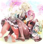  :d ascot barefoot black_dress black_legwear bottle box breasts cherry_blossoms commentary_request convenient_leg dress fate/grand_order fate_(series) feet frilled_cuffs frilled_dress frills glasses hair_over_one_eye jacket kneeling leaning_back legs long_hair looking_at_viewer mash_kyrielight medium_breasts multiple_girls necktie nemusuke no_shoes off_shoulder olga_marie_animusphere open_mouth orange_eyes outdoors pantyhose petals purple_eyes purple_hair reaching_out red_legwear red_neckwear short_hair sitting smile thighband_pantyhose wavy_mouth white_hair 