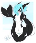 2017 anthro big_breasts blue_eyes blue_hair breasts cetacean claws dragon female hair hybrid looking_at_viewer mammal marine multicolored_hair nipples nude o0roguekitten0o open_mouth orca penelope pussy simple_background smile solo standing two_tone_hair whale wings 