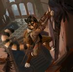  anthro backpack building cat claws climbing clothed clothing detailed_background digital_media_(artwork) digital_painting_(artwork) feline fur hair linsang lofi male mammal rope ruins solo stripes viverrid 