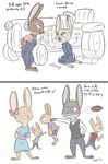  2017 anthro ball clothed clothing cub dialogue disney ear_bow english_text fan_character female football_(ball) group hands_on_hips jumpsuit kneeling lagomorph male mammal overalls rabbit simple_background text tggeko tools tractor white_background wrench young zootopia 