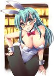  animal_ears aqua_eyes aqua_hair bespectacled black_legwear bow bowtie breasts brown-framed_eyewear bunny_ears bunny_tail bunnysuit cleavage detached_collar fake_animal_ears glasses hair_ornament hairclip hand_on_hip highres kantai_collection large_breasts leotard long_hair looking_at_viewer pantyhose shinshin smile solo suzuya_(kantai_collection) tail white_leotard wrist_cuffs 