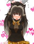  1girl animal_ears bad_id bad_pixiv_id black_hair blush bow bowtie brown_eyes commentary_request fur_trim grey_hair head_out_of_frame heart highres horns kemono_friends long_hair multicolored_hair muskox_(kemono_friends) open_mouth ox_ears ox_girl ox_horns simple_background takapon two-tone_hair upper_body white_background 