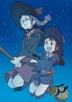  :d arai_hiroki boots broom broom_riding brown_hair choker dress flying glasses half_opaque_glasses hat highres kagari_atsuko knee_boots little_witch_academia long_hair multiple_girls multiple_riders open_mouth red_eyes skirt smile teacher_and_student ursula_charistes witch witch_hat 