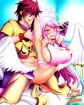  1boy 1girl angel arched_back arm_grab ass black_hair blush breasts butt_crack clothed_sex doggystyle erect_nipples gold_eyes halo huge_breasts implied_sex jibril_(no_game_no_life) long_hair midriff navel nipples no_game_no_life on_bed open_mouth pink_hair pussy_juice red_eyes restrained sex sideboob sora_(no_game_no_life) tattoo thighs two-tone_hair waifu2x wings 