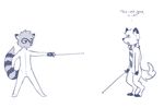  /fur/ 8chan anonymous_artist anthro bushy_(8chan) canine dialogue digitigrade fencing fox insecure male mammal monochrome nate_(8chan) plantigrade raccoon scarf simple_background striped_tail stripes 