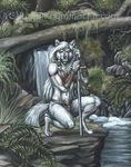  2000 female forest melee_weapon nipples rog_minotaur snarling solo sword teeth tree water waterfall weapon 