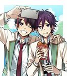  ;) arm_around_shoulder bad_id bad_pixiv_id black_hair blazer cellphone eating food food_on_face grey_eyes grin hair_between_eyes jacket kuga_shuu male_focus milk_carton multicolored_hair multiple_boys necktie one_eye_closed phone purple_eyes red_neckwear school_uniform self_shot smartphone smile starmyu streaked_hair toraishi_izumi tsuchiya_(1315444) 