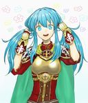  aqua_eyes aqua_hair armor breastplate bunching_hair cape earrings eirika fingerless_gloves fire_emblem fire_emblem:_seima_no_kouseki flower gloves holding holding_hair jewelry kankisen long_hair looking_at_viewer open_mouth simple_background smile solo traditional_media twintails upper_body white_background 
