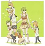  :o age_progression annoyed blonde_hair blue_eyes boots bow carrot carrying child crop_top detached_sleeves green_background green_eyes green_hair gumi hair_bow hair_ornament hairclip headphones headset highres holding_hands kagamine_rin knee_boots leg_warmers looking_down looking_up midriff multiple_girls multiple_persona pigeon-toed ruffled_skirt sailor_collar shaded_face short_hair shorts shoulder_carry sidelocks smile stuffed_carrot stuffed_toy underl vocaloid white_footwear wrist_cuffs younger 