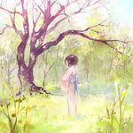 alt_(apou) black_hair blurry closed_eyes faux_traditional_media hands_on_own_chest highres japanese_clothes kimono light_smile muted_color obi original outdoors pond sash scenery short_hair sketch solo sunlight tree yukata 