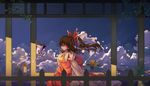  armband ascot bird blue_sky blurry bow cloud day dead_line depth_of_field detached_sleeves expressionless fence frilled_bow frills from_side hair_bow hair_tubes hakurei_reimu hand_up highres long_hair long_ponytail profile red_eyes red_shirt red_skirt shirt skirt sky solo touhou upper_body walking wide_sleeves wind 