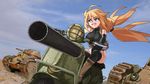  absurdres blonde_hair blue_eyes caterpillar_tracks commentary_request gloves ground_vehicle highres leotard long_hair m20_recoilless_rifle military military_vehicle motor_vehicle nanaya777 original scooter solo tank turret vespa vespa_150_tap 
