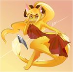  anthro blonde_hair breasts claws cleavage clothed clothing dancing female fur gold_fur hair horn lits scarf simple_background solo tongue tongue_out xuul yellow_eyes 