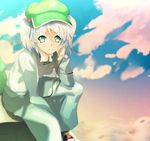  backpack bag blue_eyes blue_hair blush eyebrows_visible_through_hair green_hat hair_bobbles hair_ornament hat kawashiro_nitori key kotaroukuroo long_sleeves looking_at_viewer sandals short_hair sitting smile solo touhou twintails 