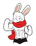  &lt;3 2017 4_fingers abs biceps big_head big_muscles black_nose boxer_briefs bulge clothing digital_media_(artwork) eyes_closed fist flexing front_view fur happy lagomorph male mammal muscular oob open_mouth open_smile pecs rabbit rabbit_tail scarf simple_background smile solo standing underwear vein white_background white_fur 