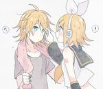  1boy 1girl ? blonde_hair blue_eyes blush bow collarbone detached_sleeves hair_bow hair_down hair_ornament hairclip kagamine_len kagamine_rin looking_at_another ryou_(fallxalice) sailor_collar shirt short_hair simple_background smile speech_bubble t-shirt tattoo towel vocaloid water_drop wet wet_hair 