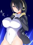  black_hair black_jacket breasts brown_eyes covered_navel emperor_penguin_(kemono_friends) hair_over_one_eye headphones highleg highleg_leotard jacket kemono_friends large_breasts leotard long_hair looking_at_viewer multicolored_hair open_clothes smile solo sugamo white_leotard 