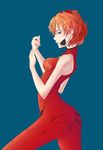  4cat absurdres alternate_hair_length alternate_hairstyle arched_back ass blue_background blue_eyes bob_cut eyepatch eyepatch_removed from_side hands_up highres lips looking_at_viewer neon_genesis_evangelion orange_hair plugsuit rebuild_of_evangelion shikinami_asuka_langley short_hair simple_background sleeveless smile solo souryuu_asuka_langley unfinished 