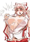  alternate_hair_color bangs black_panties blunt_bangs blush bow breasts bursting_breasts collared_shirt covered_nipples cowboy_shot d: emphasis_lines eyes_visible_through_hair fujiwara_no_mokou hair_bow heiseikorotaisei hips large_breasts no_bra open_mouth panties pants pants_pull pantyshot pantyshot_(standing) pink_hair red_eyes red_pants shiny shiny_skin shirt simple_background solo standing surprised suspenders sweatdrop thigh_gap thighs touhou underwear white_background white_shirt 