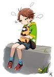  :t absurdres animal antenna_hair bandaid bandaid_on_face bandaid_on_knee blue_legwear brown_hair child crying crying_with_eyes_open dandelion flower foot_dangle full_body green_eyes highres holding holding_animal hood hoodie leaf looking_at_another looking_down looking_up male_focus niconico plant pout red_footwear shoes short_sleeves shorts signature sitting sneakers socks solo squiggle tanuki tearing_up tears tsukimori_fuyuka urata v-shaped_eyebrows yamadanuki 