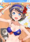  arm_up bikini blue_bikini blue_eyes blush breasts commentary_request dated day flower grey_hair hair_flower hair_ornament happy_birthday jyon looking_at_viewer love_live! love_live!_sunshine!! medium_breasts navel open_mouth outdoors salute short_hair smile solo speaker swimsuit upper_body visor_cap watanabe_you 