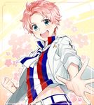  adonis_belt bad_id bad_pixiv_id blue_eyes blush border clenched_hand flag_pin flower idol idolmaster idolmaster_side-m jacket kabuto_daigo looking_at_viewer male_focus navel open_clothes open_jacket outstretched_hand pink_border pink_hair shirt smile solo striped striped_shirt tsuchiya_(1315444) vertical-striped_shirt vertical_stripes 