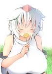 animal_ears bare_shoulders breasts closed_eyes dandelion eyebrows_visible_through_hair flower grass hat highres huge_breasts inubashiri_momiji shishi_juuroku short_hair simple_background solo thick_eyebrows tokin_hat touhou white_background white_hair wolf_ears 